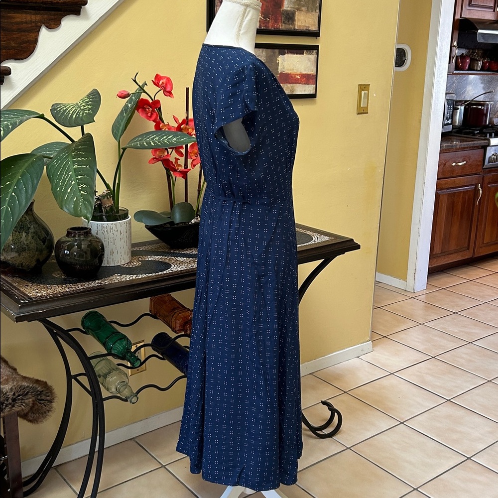 Gap Women’s Navy Blue Dot Print Short Sleeve Full Maxi Wrap Dress Tie Waist Med - Picture 6 of 16